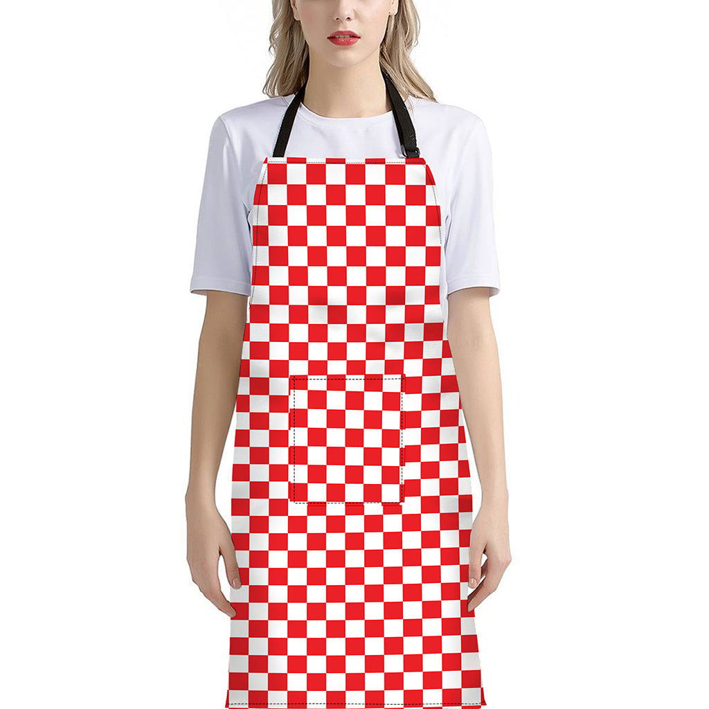 Red And White Checkered Pattern Print Bib Apron With Pocket