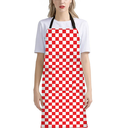 Red And White Checkered Pattern Print Bib Apron With Pocket