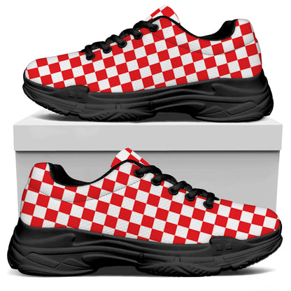Red And White Checkered Pattern Print Black Chunky Shoes