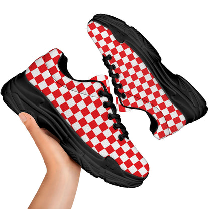 Red And White Checkered Pattern Print Black Chunky Shoes