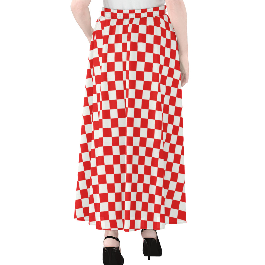 Red And White Checkered Pattern Print Chiffon Maxi Skirt