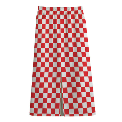 Red And White Checkered Pattern Print Cotton Front Slit Maxi Skirt