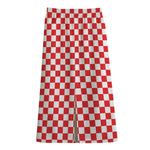 Red And White Checkered Pattern Print Cotton Front Slit Maxi Skirt