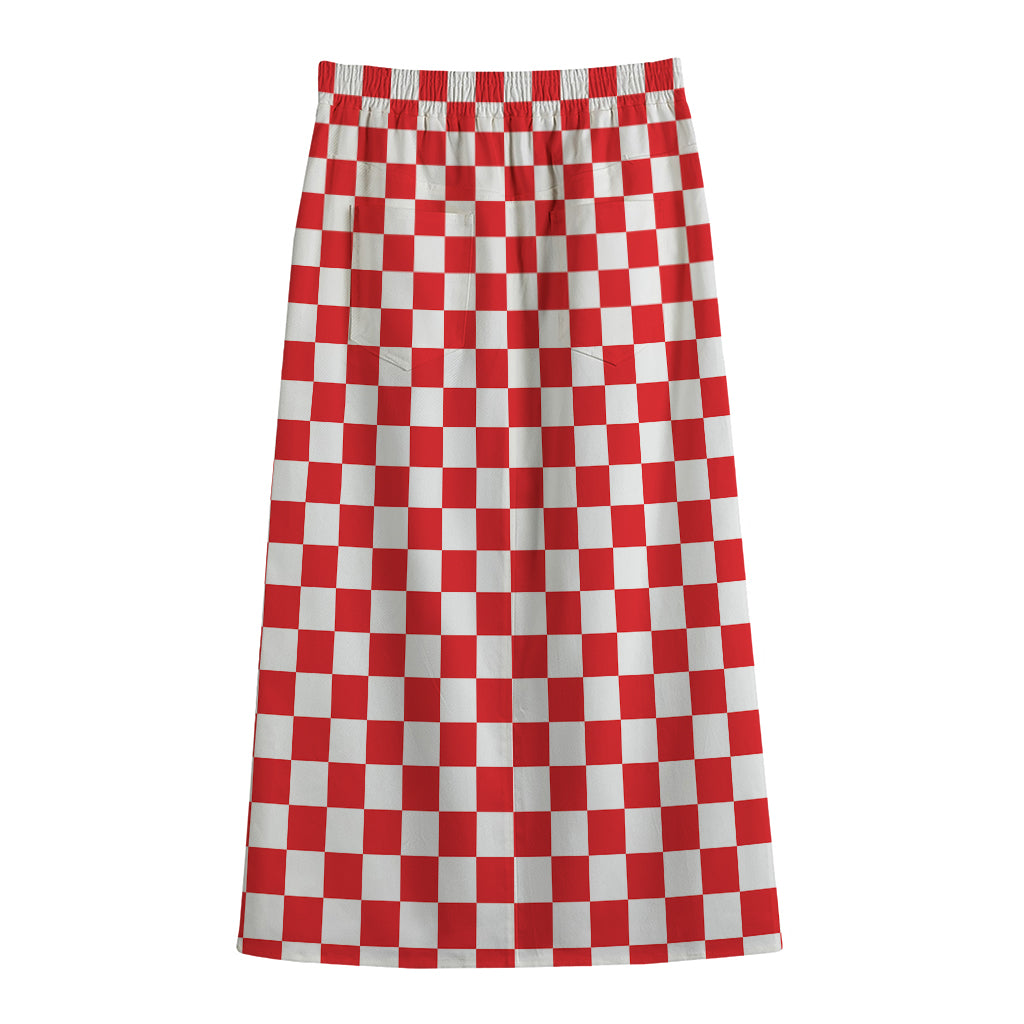 Red And White Checkered Pattern Print Cotton Front Slit Maxi Skirt