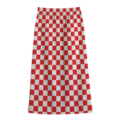 Red And White Checkered Pattern Print Cotton Front Slit Maxi Skirt