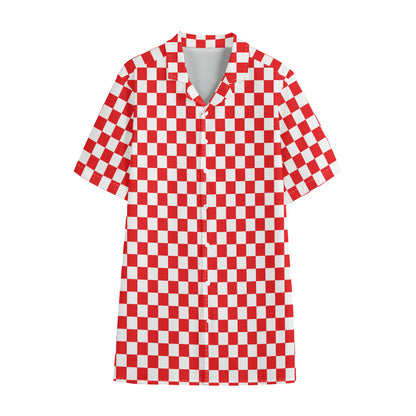 Red And White Checkered Pattern Print Cotton Hawaiian Shirt