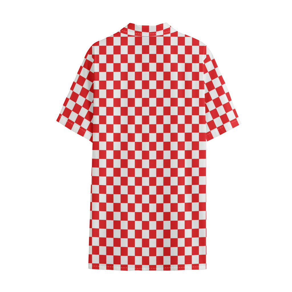 Red And White Checkered Pattern Print Cotton Hawaiian Shirt