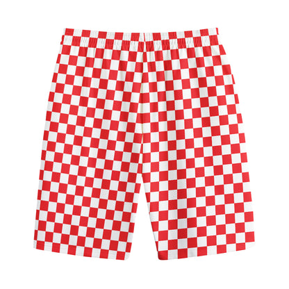 Red And White Checkered Pattern Print Cotton Shorts