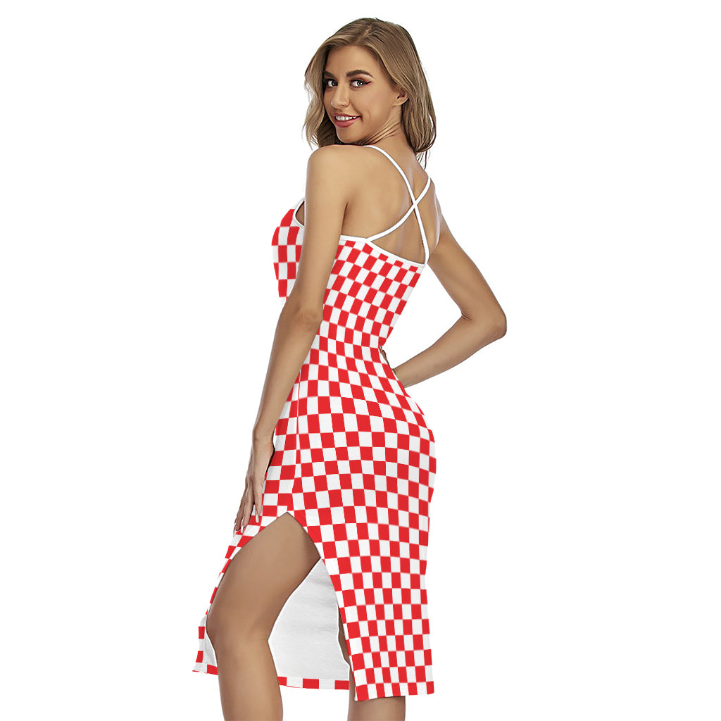 Red And White Checkered Pattern Print Cross Back Cami Dress