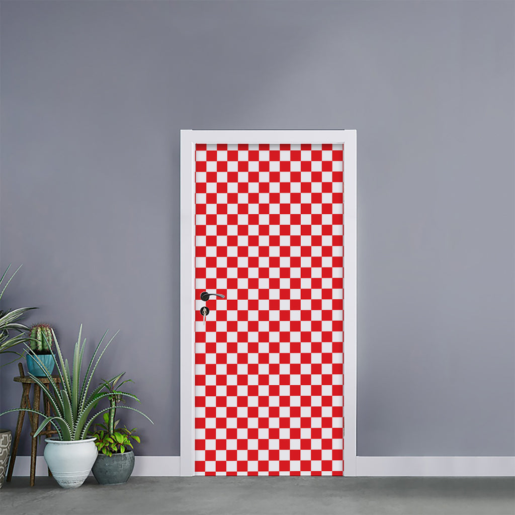 Red And White Checkered Pattern Print Door Sticker