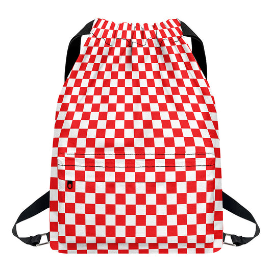 Red And White Checkered Pattern Print Drawstring Backpack