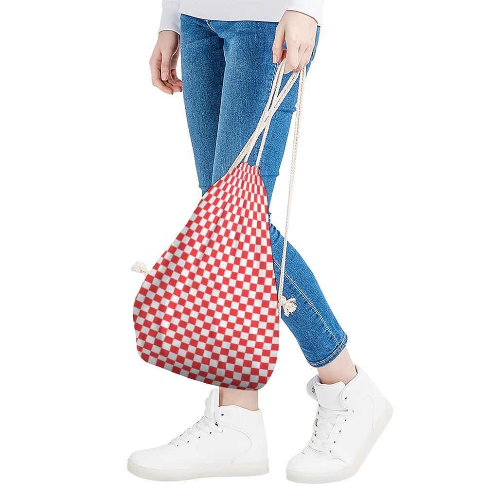 Red And White Checkered Pattern Print Drawstring Bag