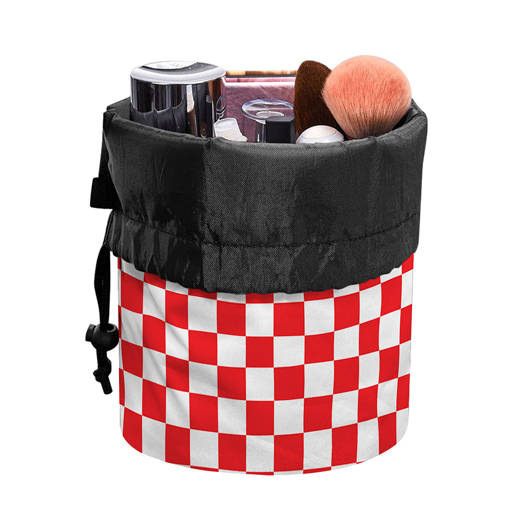 Red And White Checkered Pattern Print Drawstring Makeup Bag