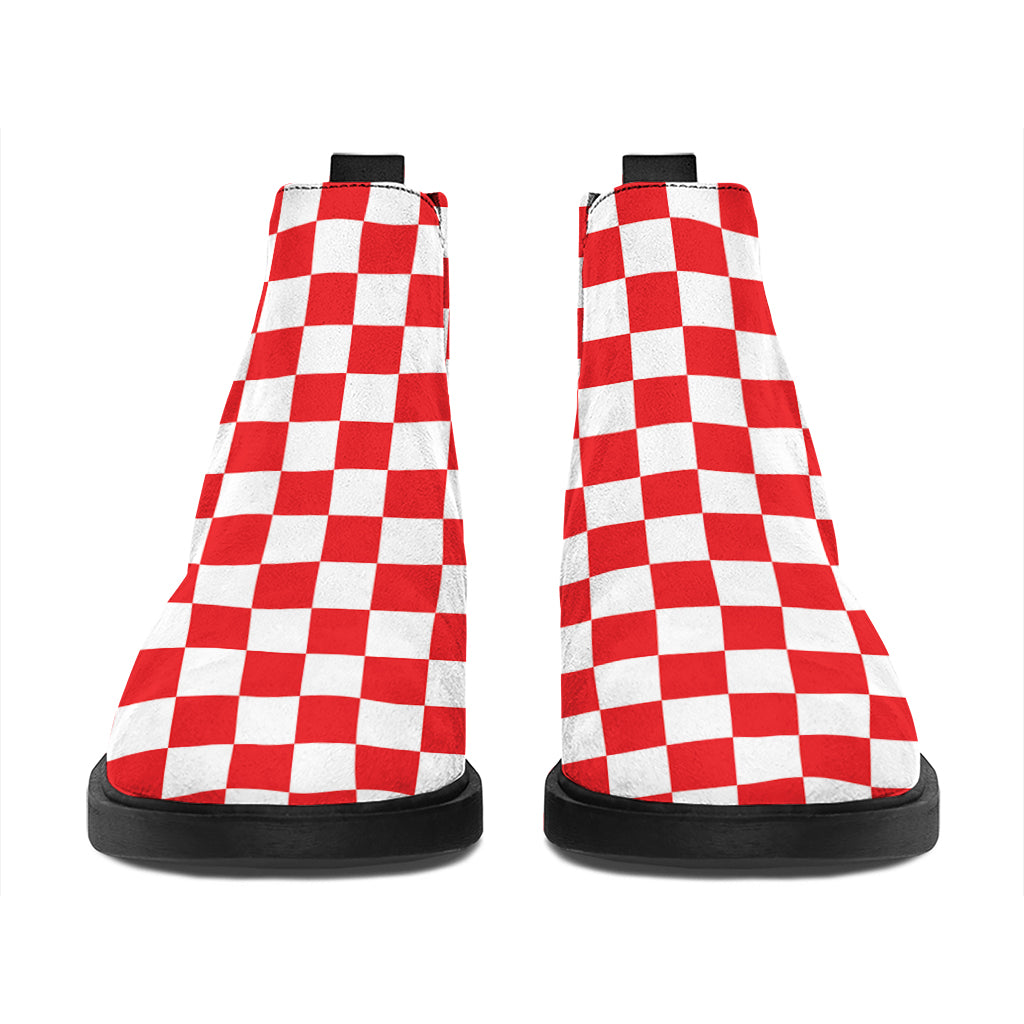 Red And White Checkered Pattern Print Flat Ankle Boots