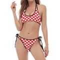 Red And White Checkered Pattern Print Halter Scoop Tie Side Bikini