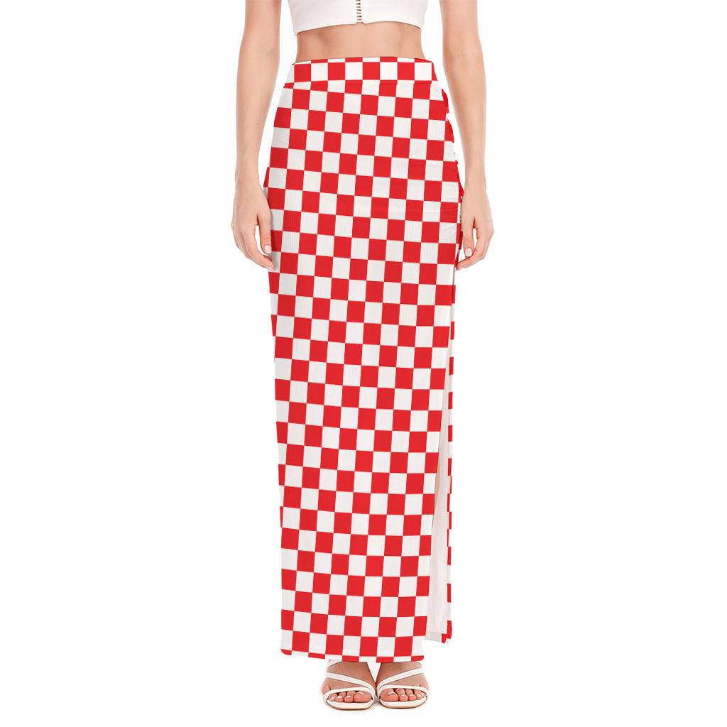 Red And White Checkered Pattern Print High Slit Maxi Skirt