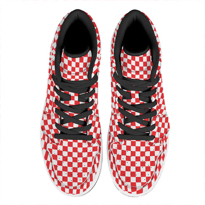Red And White Checkered Pattern Print High Top Leather Sneakers