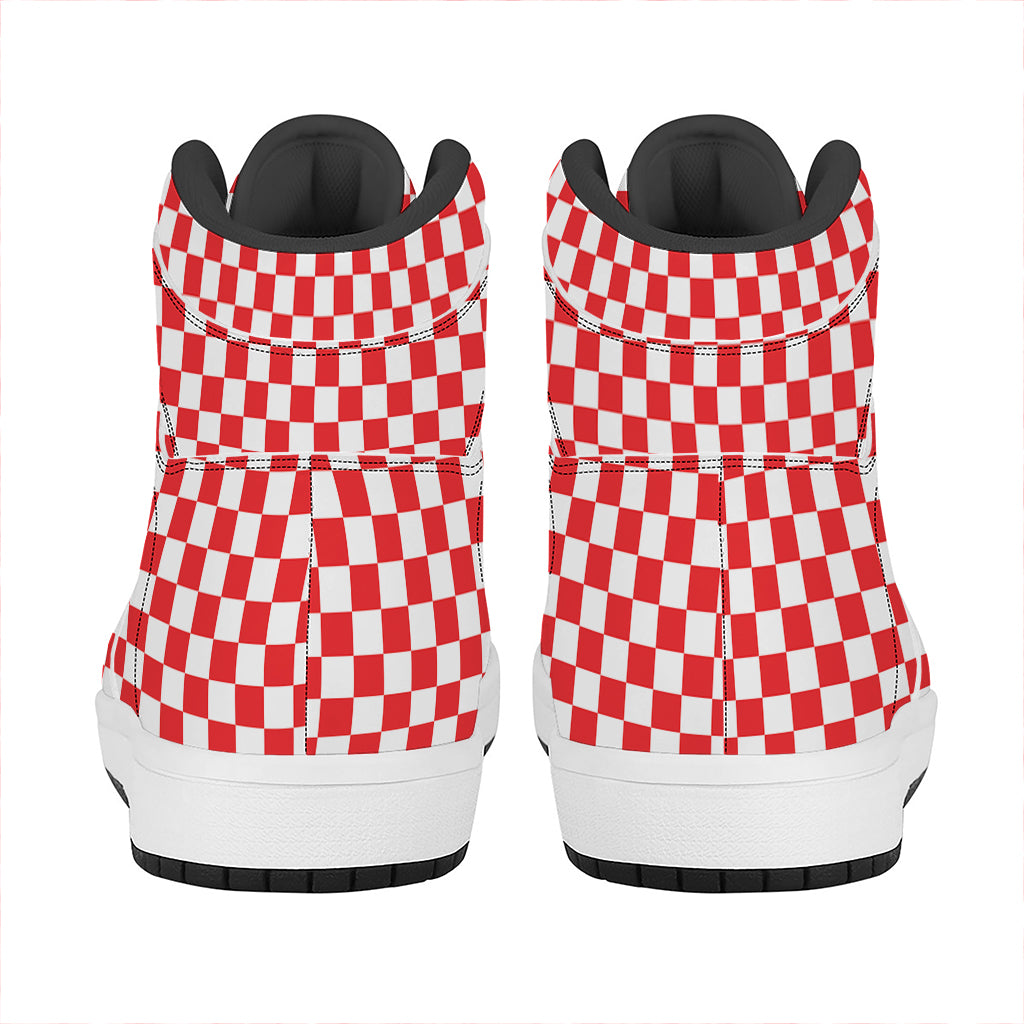 Red And White Checkered Pattern Print High Top Leather Sneakers