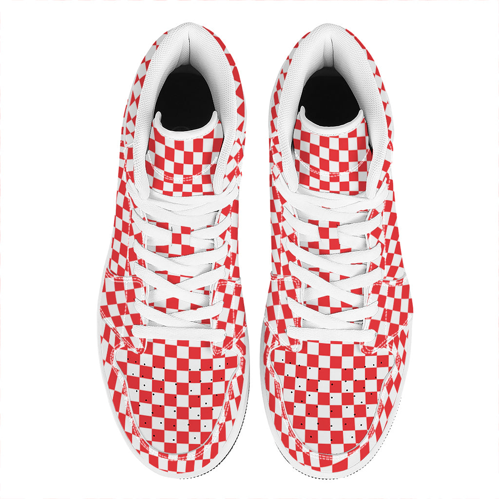 Red And White Checkered Pattern Print High Top Leather Sneakers