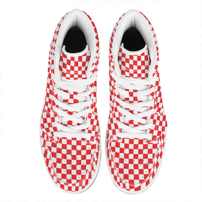 Red And White Checkered Pattern Print High Top Leather Sneakers