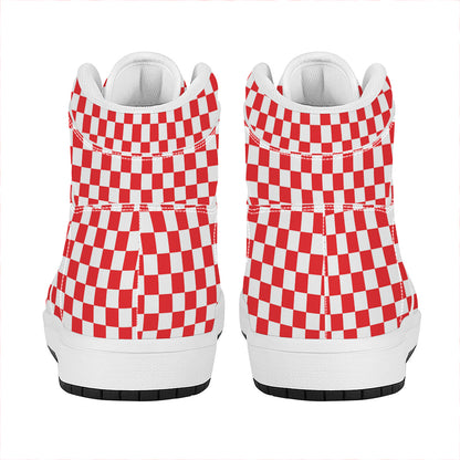Red And White Checkered Pattern Print High Top Leather Sneakers