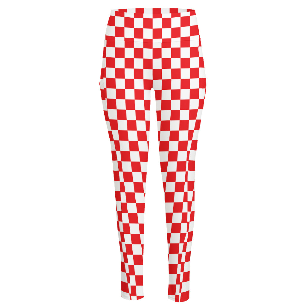 Red And White Checkered Pattern Print High-Waisted Pocket Leggings
