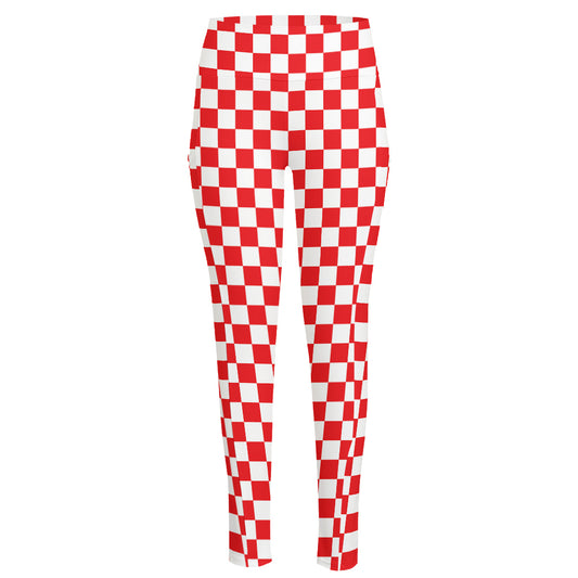 Red And White Checkered Pattern Print High-Waisted Pocket Leggings