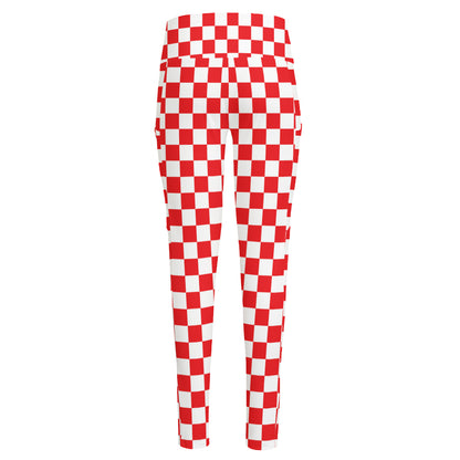 Red And White Checkered Pattern Print High-Waisted Pocket Leggings