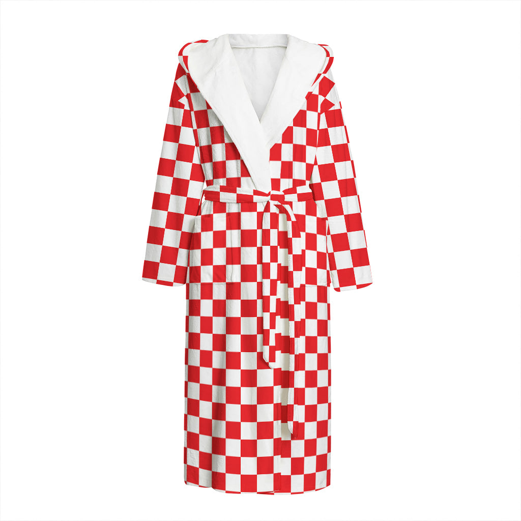 Red And White Checkered Pattern Print Hooded Bathrobe