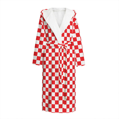 Red And White Checkered Pattern Print Hooded Bathrobe