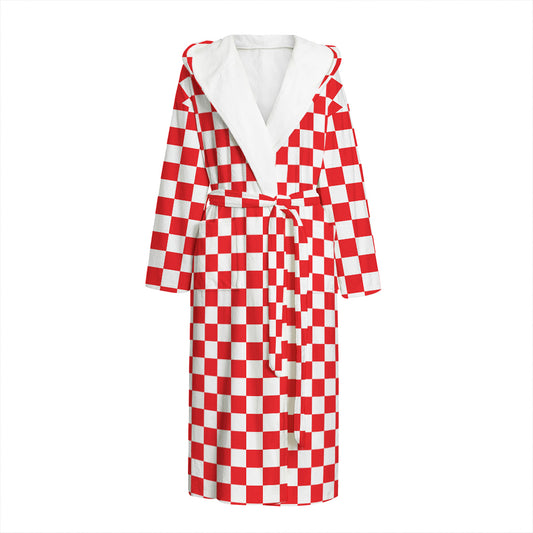 Red And White Checkered Pattern Print Hooded Bathrobe