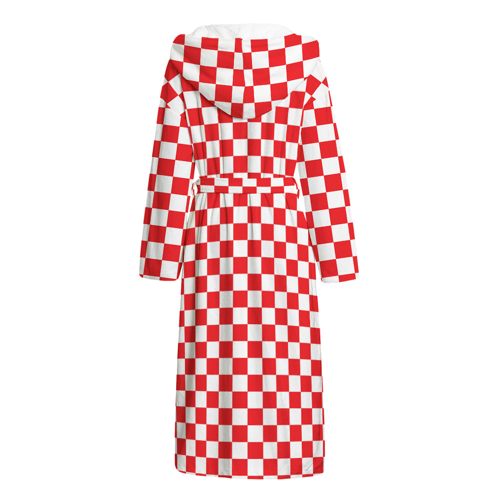 Red And White Checkered Pattern Print Hooded Bathrobe