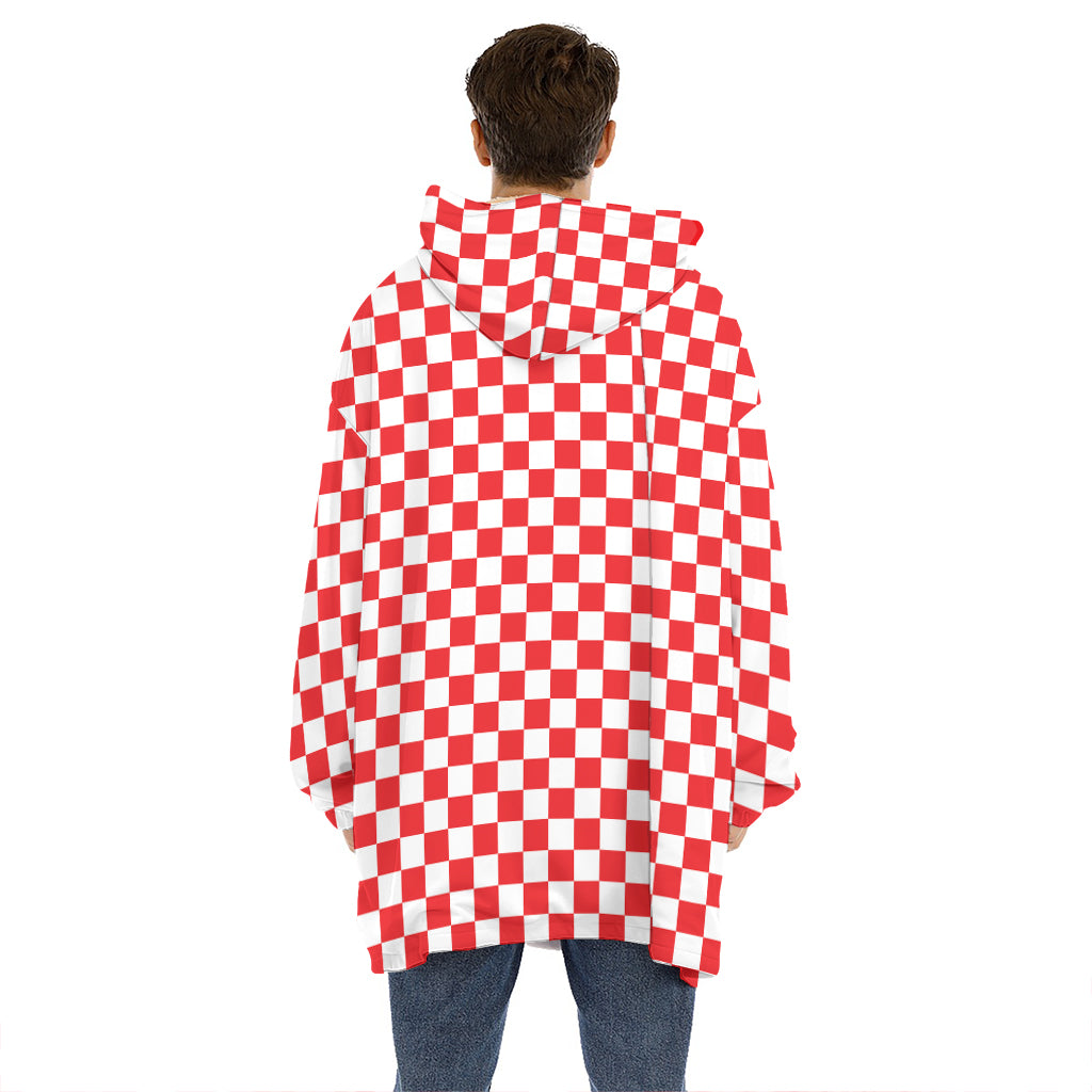 Red And White Checkered Pattern Print Hoodie Blanket