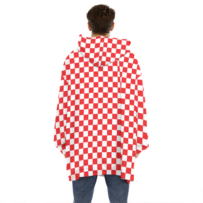 Red And White Checkered Pattern Print Hoodie Blanket