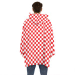 Red And White Checkered Pattern Print Hoodie Blanket