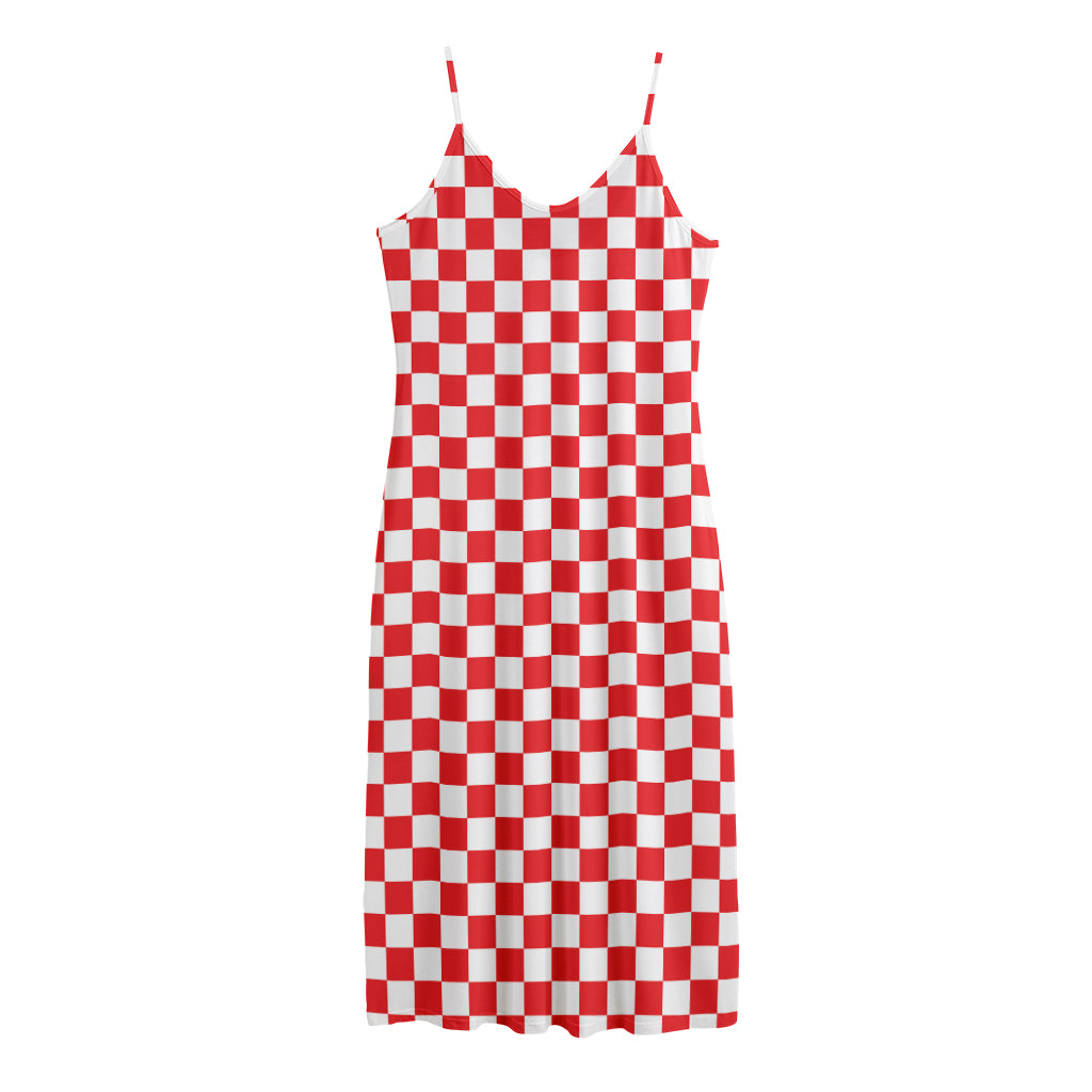 Red And White Checkered Pattern Print Jersey Midi Cami Dress