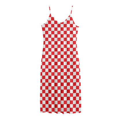 Red And White Checkered Pattern Print Jersey Midi Cami Dress