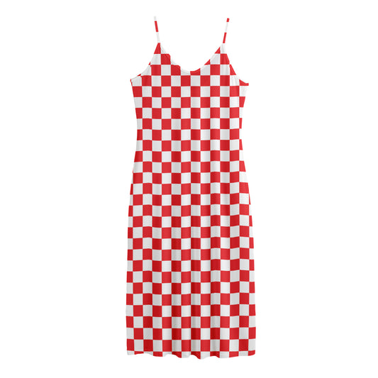 Red And White Checkered Pattern Print Jersey Midi Cami Dress