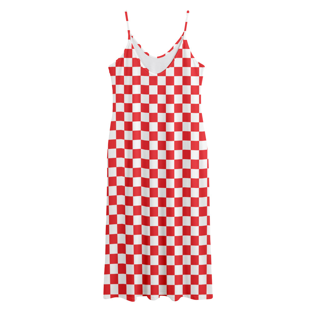 Red And White Checkered Pattern Print Jersey Midi Cami Dress