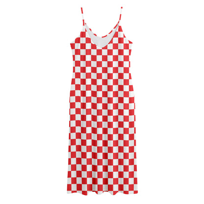 Red And White Checkered Pattern Print Jersey Midi Cami Dress