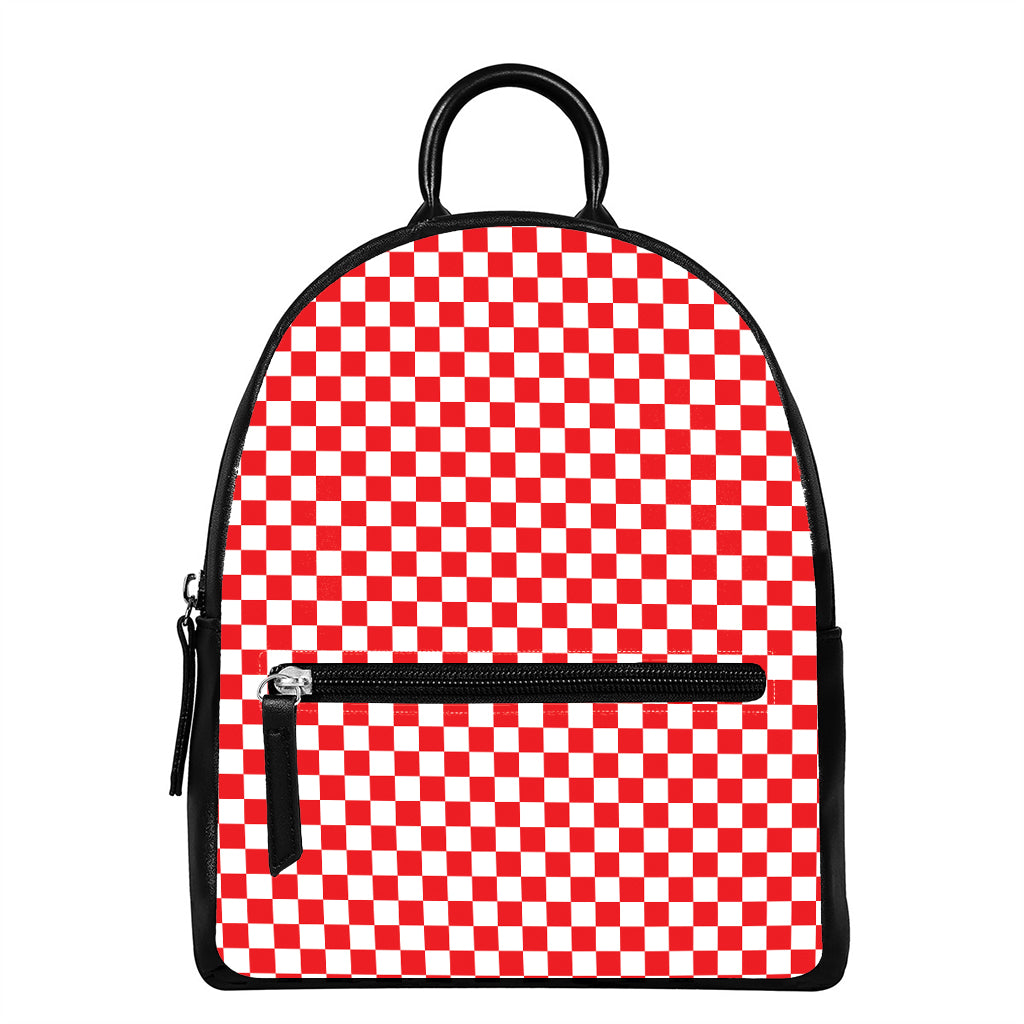 Red And White Checkered Pattern Print Leather Backpack
