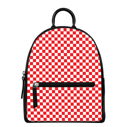 Red And White Checkered Pattern Print Leather Backpack