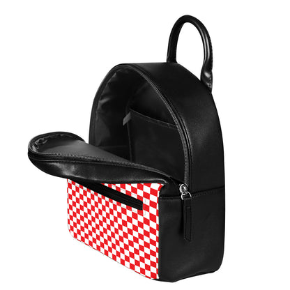 Red And White Checkered Pattern Print Leather Backpack