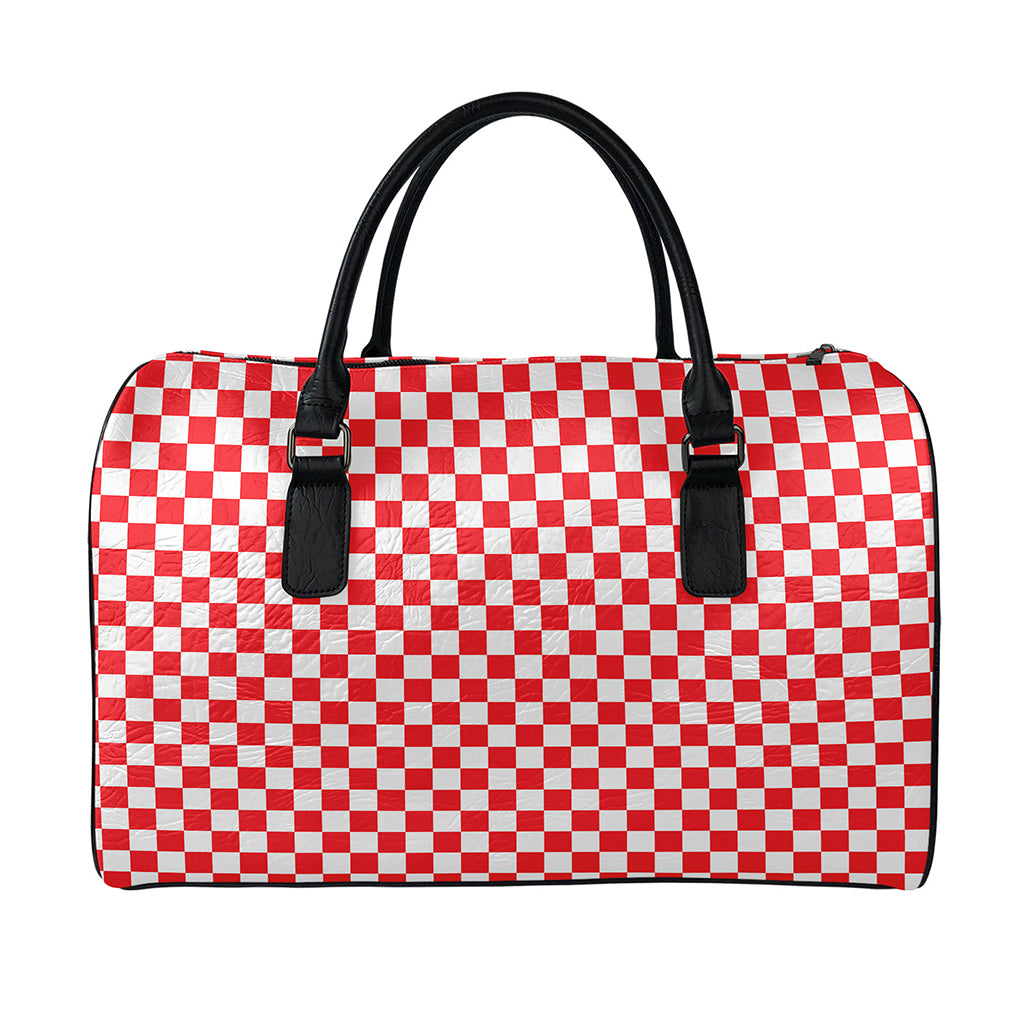 Red And White Checkered Pattern Print Leather Duffle Bag