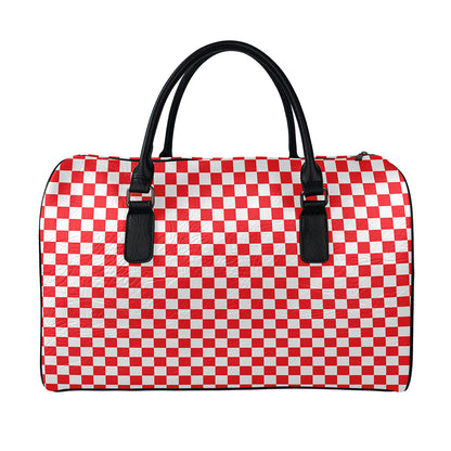 Red And White Checkered Pattern Print Leather Duffle Bag