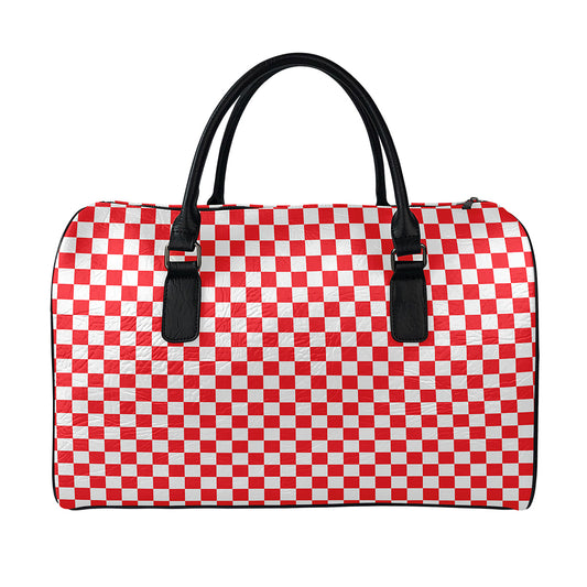 Red And White Checkered Pattern Print Leather Duffle Bag