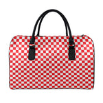 Red And White Checkered Pattern Print Leather Duffle Bag
