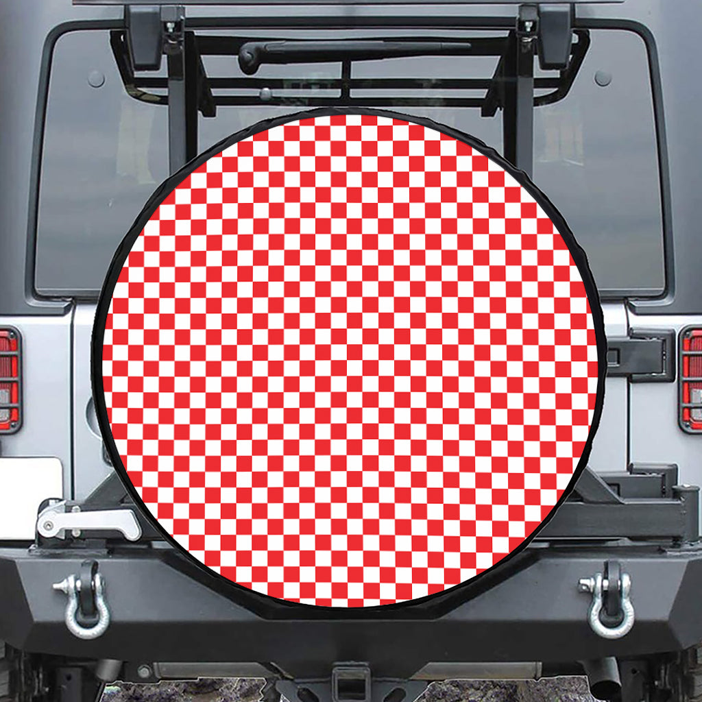 Red And White Checkered Pattern Print Leather Spare Tire Cover