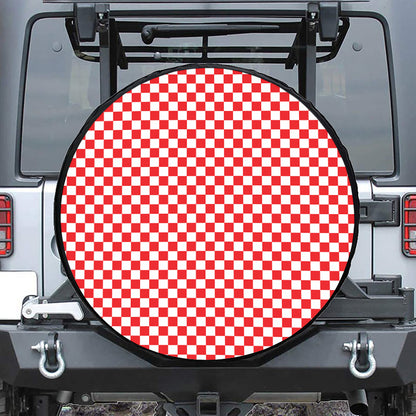 Red And White Checkered Pattern Print Leather Spare Tire Cover