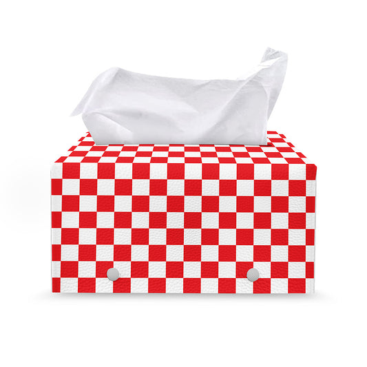 Red And White Checkered Pattern Print Leather Tissue Box Cover